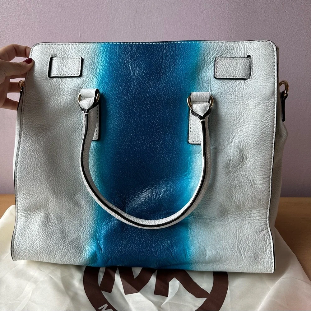 MICHAEL KORS Hamilton Spray Large Pebble Leather Tote Bag White/Blue